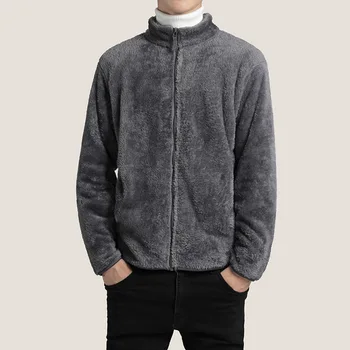 

2020 Men Brushed And Thick Solid Color Stand Collar Warm Jacket Youth Double-sided Plush Jacket