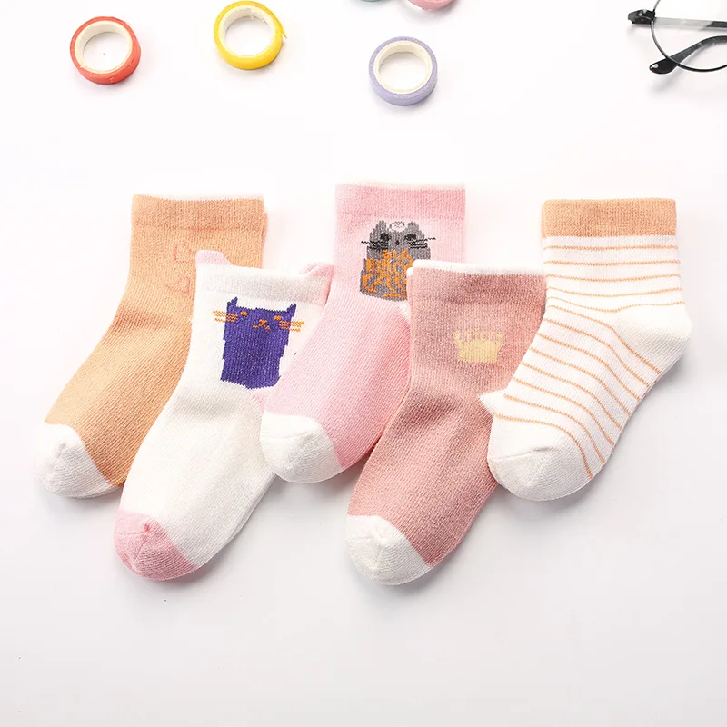 5 пара/лот, носки для малышей утепленные хлопковые зимние спортивные носки для новорожденных Детские теплые носки-тапочки с рисунком нескользящие носки для малышей возрастом от 1 года до 3 лет