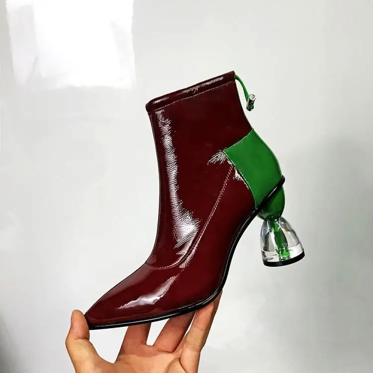 

Runway Mixed Color Leather Ankle Boots For Women Pointed Toe Back Elastic Band Ladies Shoes Strange Clear Heels Zapatos De Mujer