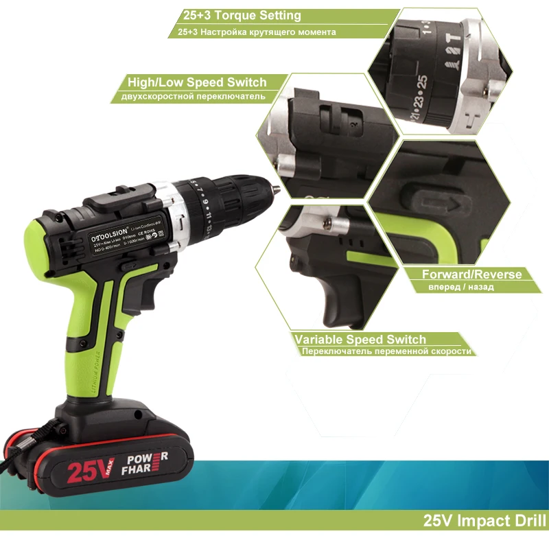25V Impact Power Tools 25+3 Torque Impact Drill Multifunctional Electric Tools Cordless Drill Power Drill Cordless +Tool  Bag (6)