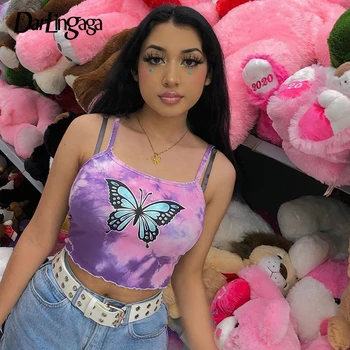 

Darlingaga Streetwear Tie Dye Crop Top Women Butterfly Printed Slim Summer Top Camis Strap Sweet Cropped Sexy Tops Tees Clothes