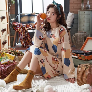 

Perfering Women Causal Sleepwear Sexy Autumn Cotton Cartoon printed Pijamas Ladies Nightgown Princess Style Nightdress