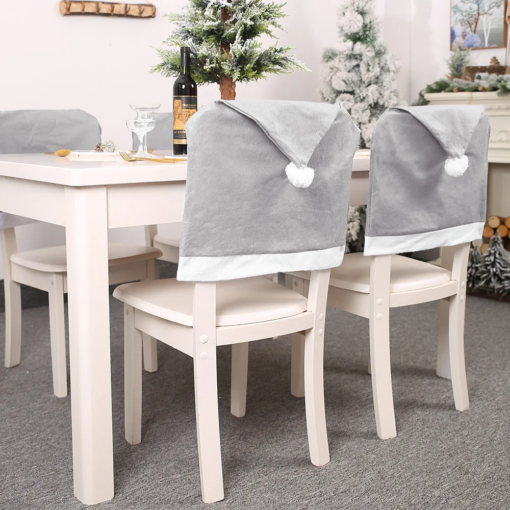

2019 Christmas Grey Santa Claus Hat Chair Back Covers Decorations for Home Dinner Table Party Pendant New Year 2020 Party Supply