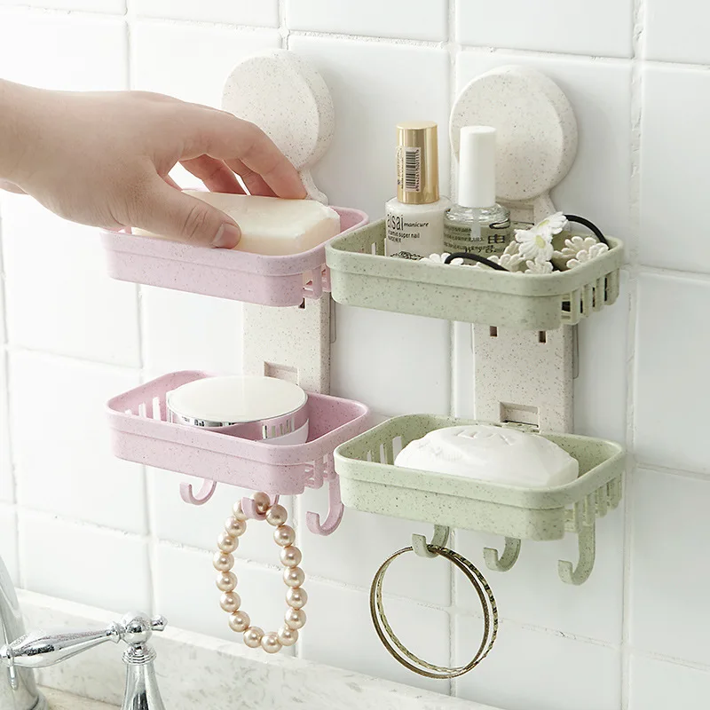 

Wheat Straw Seemless Stickers Double Layer Soap Dish Bathroom Strong Sucker Soap Holder Wall Hanging Water Draining Soap Dish