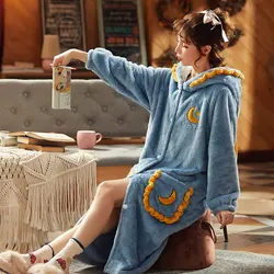 Autumn And Winter Women Blue Flannel Sleepwear Thick Hoode Bathrobe Night Gown Home Service Pijama