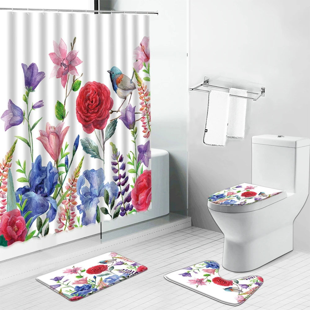 Butterfly Pink Rose Bathroom Shower Curtain Bath Rug Mat Toilet Lid Cover Set 
