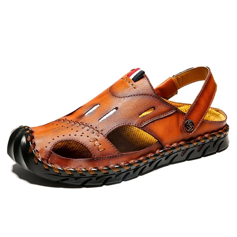 Новые повседневные мужские мягкие сандалии; удобные мужские летние кожаные сандалии; мужские летние пляжные сандалии в римском стиле; большие размеры 38-48 - Цвет: DARK BROWN 01-