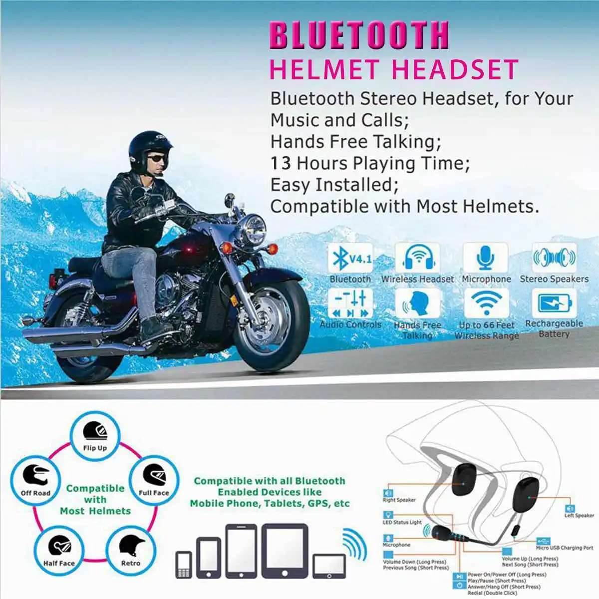 50 м Bluetooth гарнитура для мотоциклетного шлема, гарнитура для мотоцикла с громкой связью, гарнитура для прослушивания музыки, gps, стайлинга автомобилей