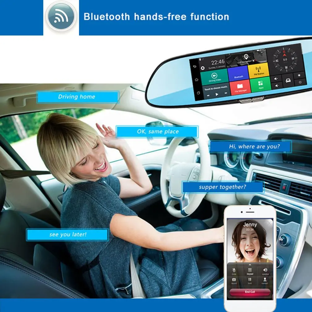  H10 Car DVR 3G Rearview Mirror Video Recorder 7 inch Touch Screen 1080 FHD Dual Camera Hand-free FM