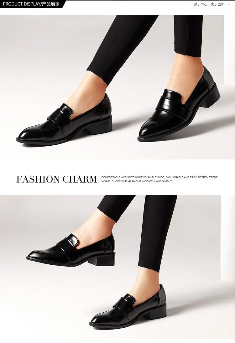 Chunky heels japanned leather shoes woman pointed toe large sizes 35-42 flats slip on casual comfy loafers solid brief moccasins