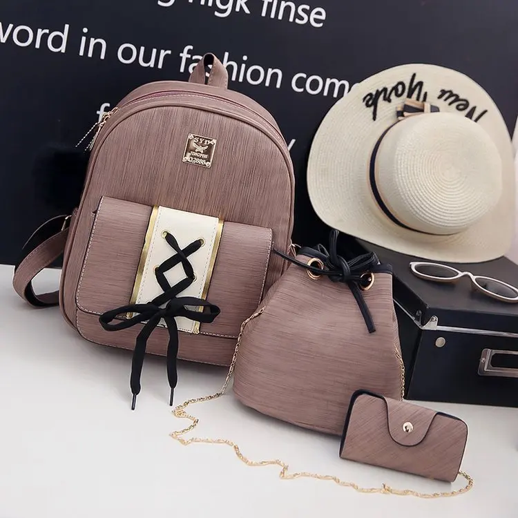 

2019 New Style Backpack Korean-style WOMEN'S Fashion Handbag Solid Color Retro School Bag Versatile Picture Three-piece Set