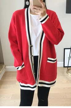 

Women's Sweater Coat Striped V-neck Long-Sleeved Single Breasted Autumn and Winter New Preppy Style Knit Cardigan with Pockets