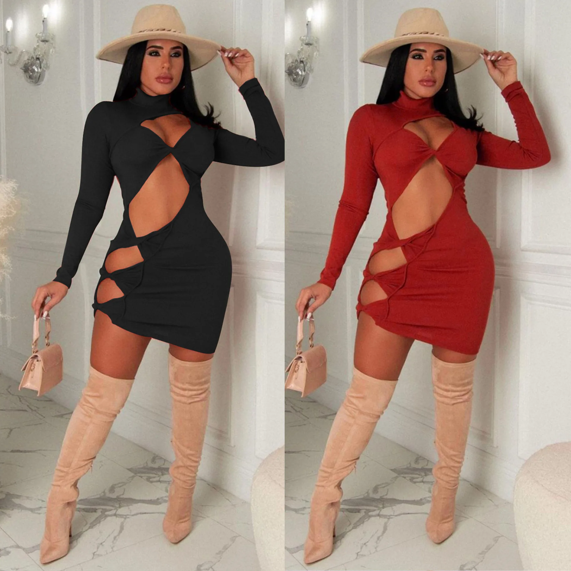 Elegant Solid Knit Rib Twist Cut Out Dress Women Fall Winter Clothes for  Women Sexy Bodycon Club Party Dresses Outfits Christmas - AliExpress