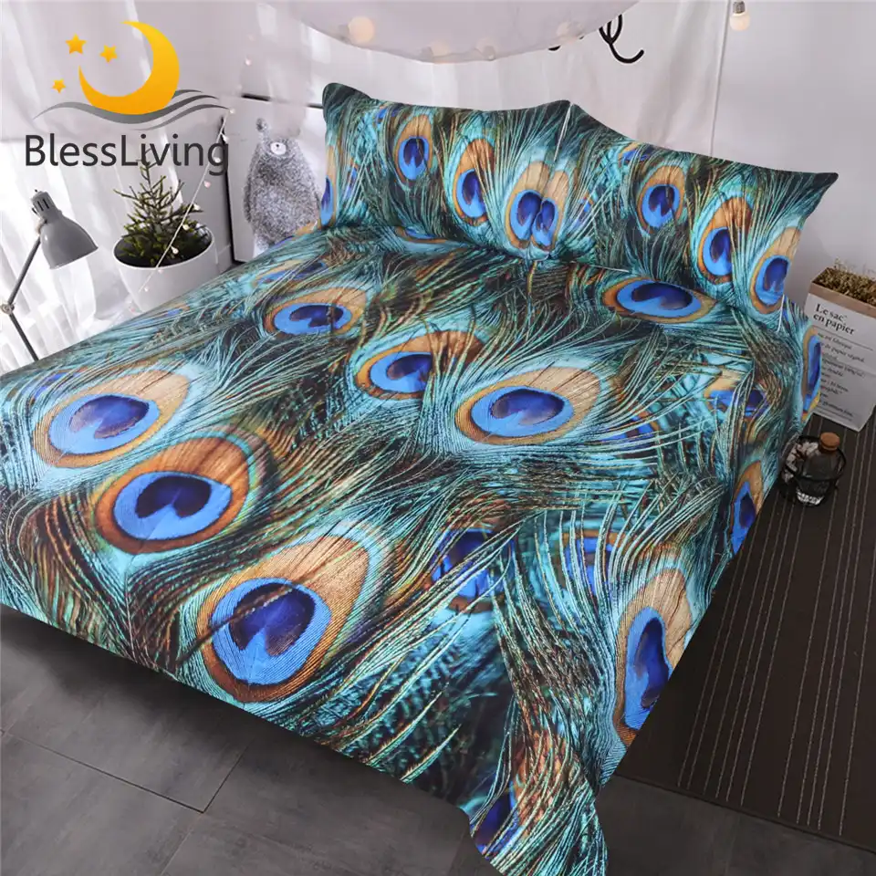 Blessliving Peacock Feather Bed Set 3 Piece Aqua Blue Turquoise