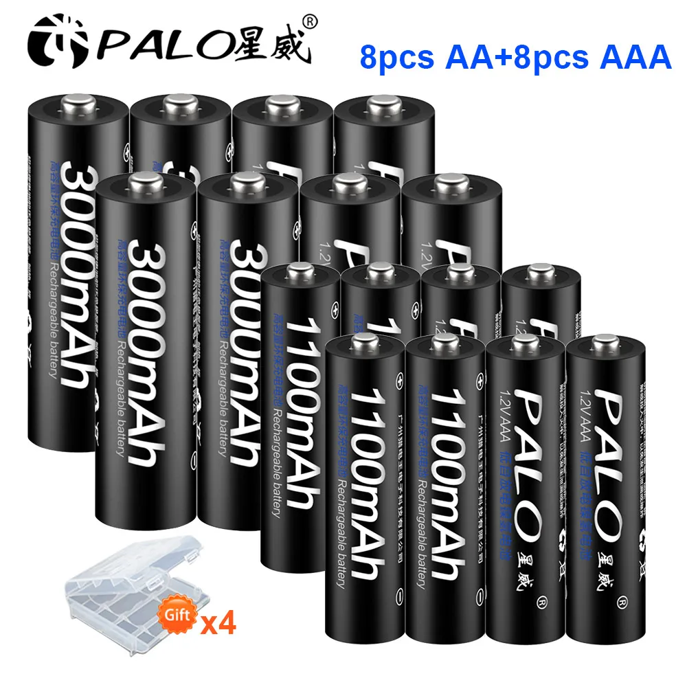PALO 8 шт. 1,2 V AA перезаряжаемая батарея 3000mah NIMH 1,2 V aa аккумуляторная батарея+ 8 шт. 1100mah AAA батарея для микрофонной игрушки - Цвет: 8AA and 8AAA