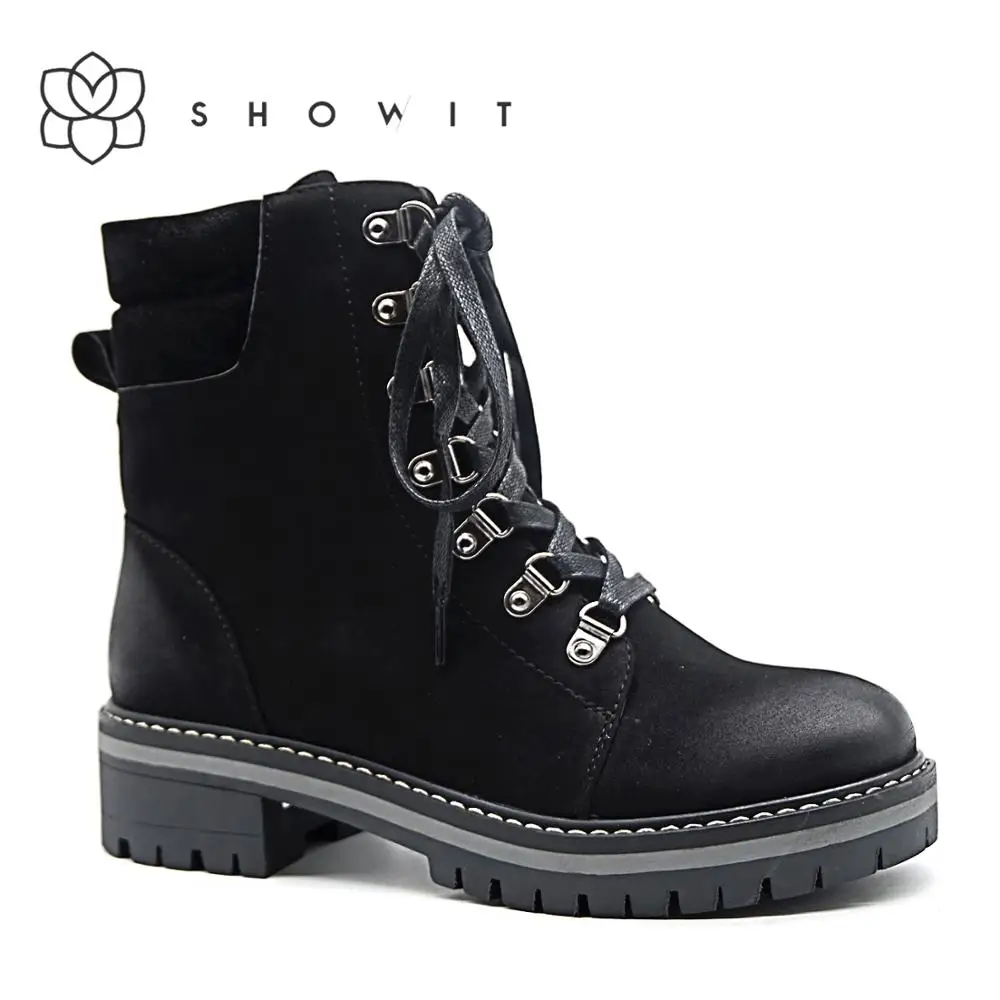 

SHOWIT Autumn Winter Lace Up Ankle Boots Chunky Heels Zipper Closure Motorcycle Round Toe Platform Shoes