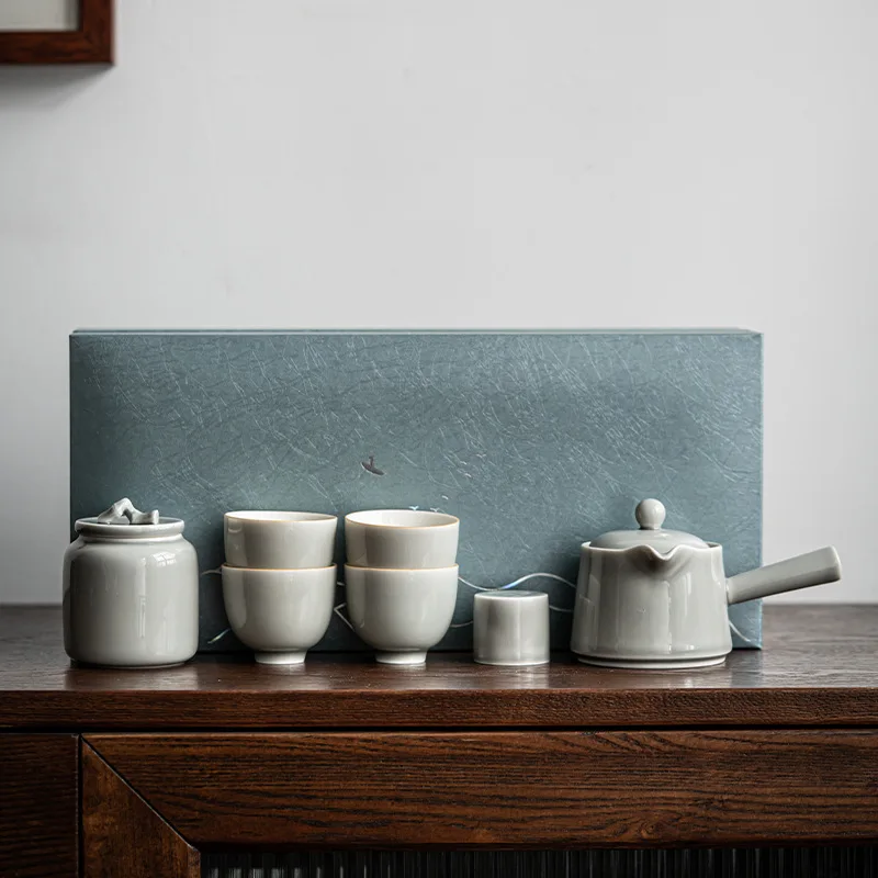 Japanese Ice Gray Glaze Porcelain Kung Fu Tea Set Household Tureen Side Handle Pot Set Ceramic Tea Chinese Cup