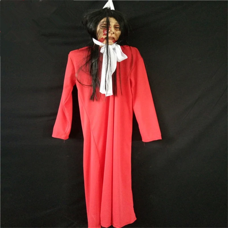 

Red Clothes Ghost with Black Long Hair Latex Head Halloween Horror Decorations for Home Office Bar Club Ktv Haunted House Escape