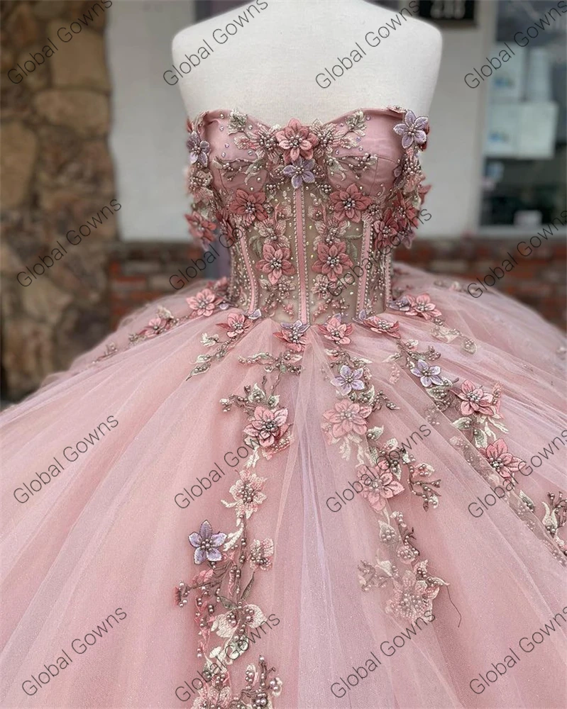 Pink Sweetheart Corset Ball Gown Quinceanera Dresses Beaded 3D Flowers Formal Prom Graduation Gowns Lace Up Princess Sweet 15 16
