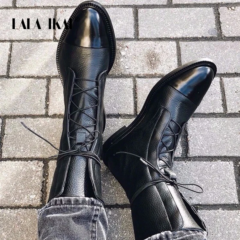 LALA IKAI/женские ботинки; сезон осень-зима; ботильоны черного цвета; женские мотоциклетные ботинки на шнуровке из искусственной кожи; zapatos de mujer XWA8830-4