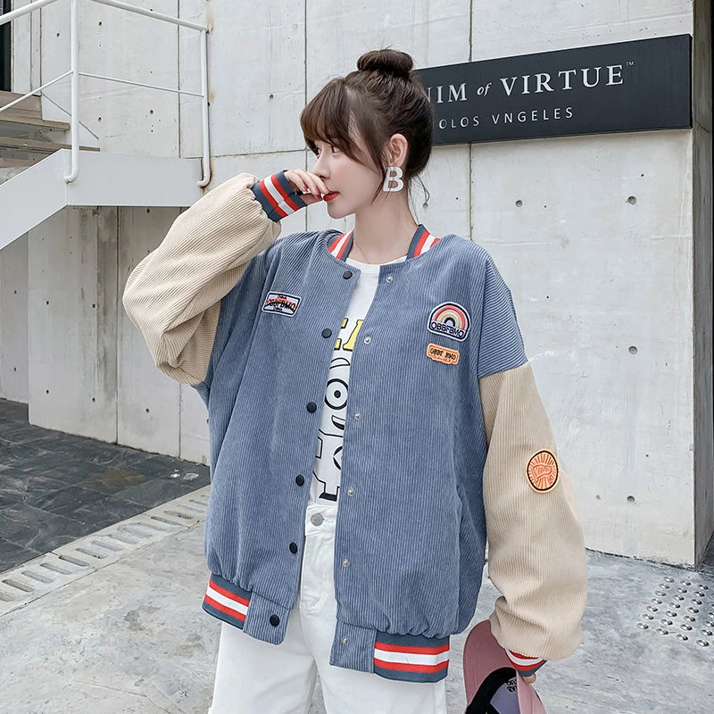 和菓子原宿ルース女性の野球ユニフォームジャケット秋冬コーデュロイファッションスプライシング長袖肩章トップス Aliexpress Women S Clothing