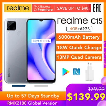 Перейти на Алиэкспресс и купить Realme C15 глобальная версия 4 ГБ ОЗУ 64 Гб ПЗУ Helio G35 6000 мАч батарея 13 МП AI Quad камеры Поддержка многоязычного Play Store