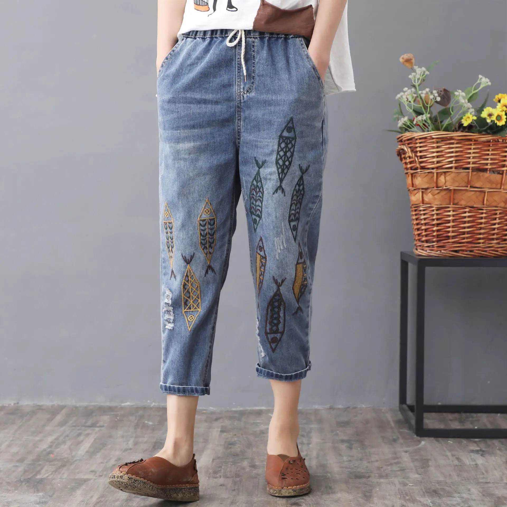 ripped jeans Elastic Waist Jeans Ladies Vintage Embroidery Trousers Women Casual Retro Floral Denim Cowboy Ripped Harem Pants Yalabovso jeans pant Jeans
