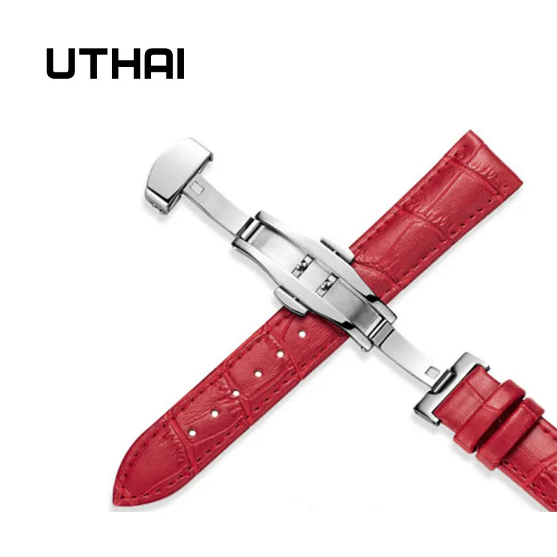 Silver-red UTHAI Z09 плюс Натуральная кожа Ремешки для наручных часов 12-24 мм Универсальные часы Бабочка Пряжка группа сталь Пряжка ремешок наручный ремень браслет - Цвет ремешка: Silver-red