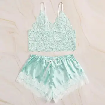

Women Summer V-Neck Lace Satin Camisole Pajamas Sleepwear Bowknot Shorts Lingerie Set Lady Female Mid-Rise Nightwear Clothes