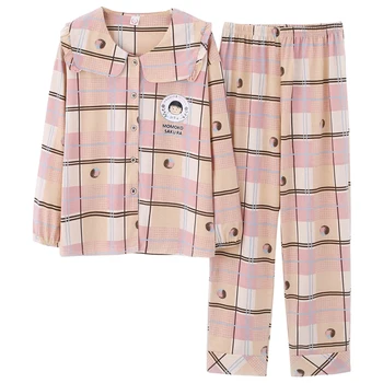 

2020 Long Sleeve Pajamas Autumn Full Pure Cotton Long Trousers Suit Plaid Printing Fashion Female Pyjamas Set Pijamas Mujer XXXL