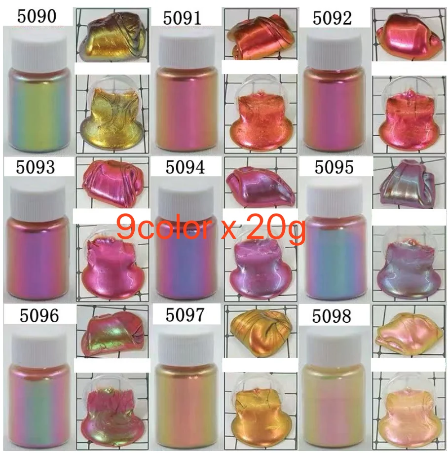 9color x 20g Интенсивный цветной пигмент Хамелеон Русалка порошок для теней для век, тела, нейл-арта, смолы ремесла, грязи 400um - Цвет: 9color x 20g