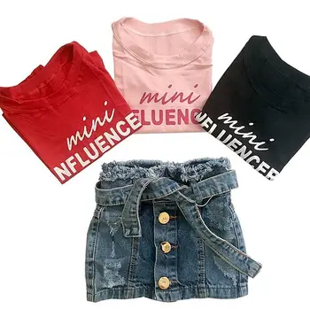 

0-6Y Fashion Infant Baby Girls Clothes Sets Letter Print Short Sleeve T Shirts Tops+Denim Button Skirts Set Summer Clothing