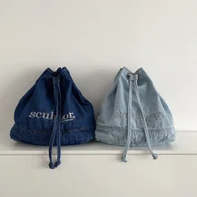 Denim Cloth Women Cute Backpack Girls Light Blue Canvas Fabric Shoulder Bags Embroidery Lady Drawstring Design Purse Books Bag