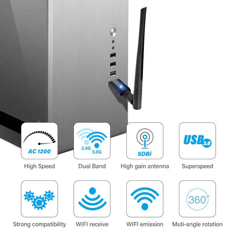RISE-Usb 3,0 Wifi адаптер Ac 1200 Мбит/с 5G/2,4G двухдиапазонный Wifi ключ беспроводной сетевой адаптер с 5Dbi с высоким коэффициентом усиления антенны, Suppor