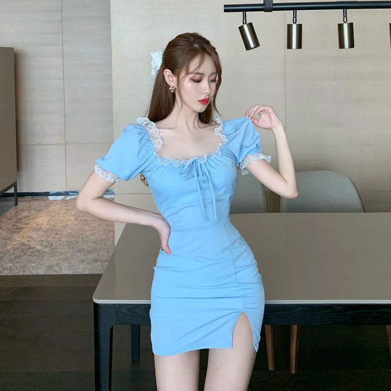 

Korean Elegant Sweet Office Sexy Women Dress 2020 Summer Square Collar Puff Sleeve Bow Lace Up Above Knee Lady Dresses Vestidos