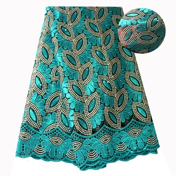 

New French Lace Fabric Teal Green Beaded Lace Fabric Mesh Embroidered Fabric 5 Yards for Aso Ebi Wedding Dresses 2018