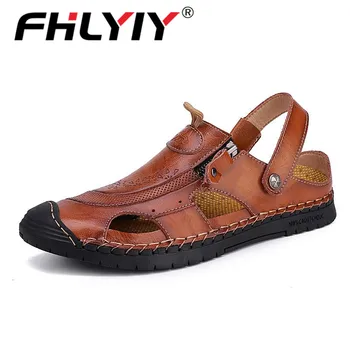 

Fhlyiy New Genuine Leather Men's Sandals Men's Shoes Outdoor Beach Mens Sandals Summer High Quality Roman Flip Flop Plus Size 48