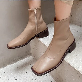 

2020 Spring/Autumn European and American Style Cowhide Material Metal Decorative Booties Square Head Zip Closure Fashion Boots