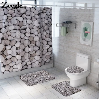 

Stone print bathroom non-slip mat and shower curtain set toilet seat cushion non-slip foot pad modern style bathroom floor mat