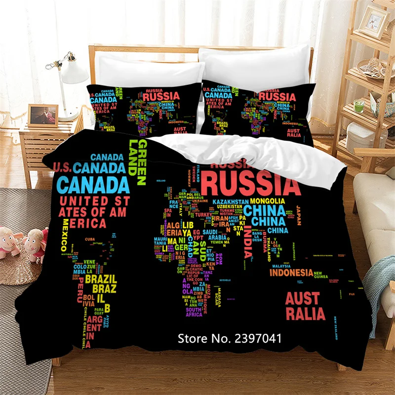 2-3 World Map Printed Bedding Set for Students and Children Quilt Cover Pillowcase Deluxe Double King Queen King-size Bedding