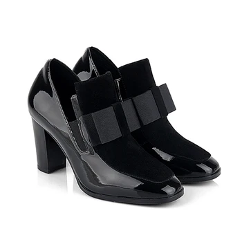 

Women Pumps Bowknot Square Toe Black Patent Leather Chunky Heels Thick Heel Pumps Ankle Boots Booties Patent Leather Shoes