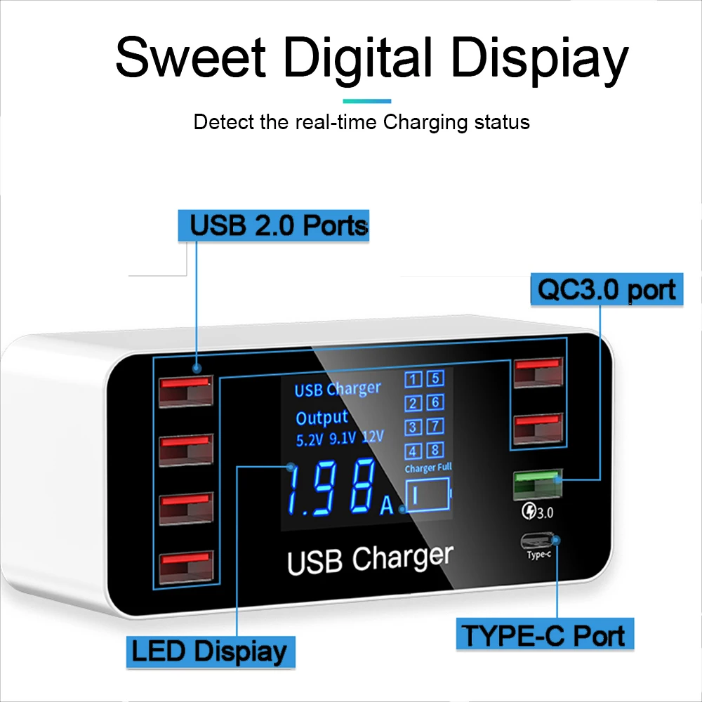 USB зарядное устройство Тип C светодиодный 8 портов 8А 40 Вт QC 3,0 быстрое зарядное устройство для смартфонов для iPhone X XS X samsung S10 huawei P30 Pro Зарядное устройство Док-станция