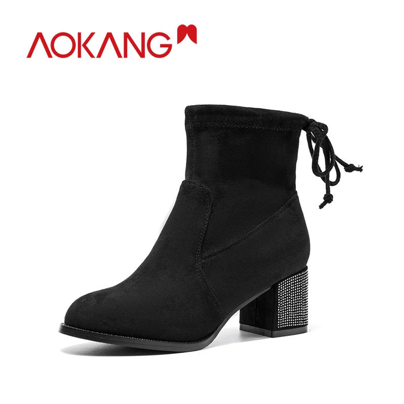 

AOKANG 2019 Female Socks knitting Ankle Boots Thick Heels High Heels Women Boots Black Comfortable Warm Autumn Boots Woman