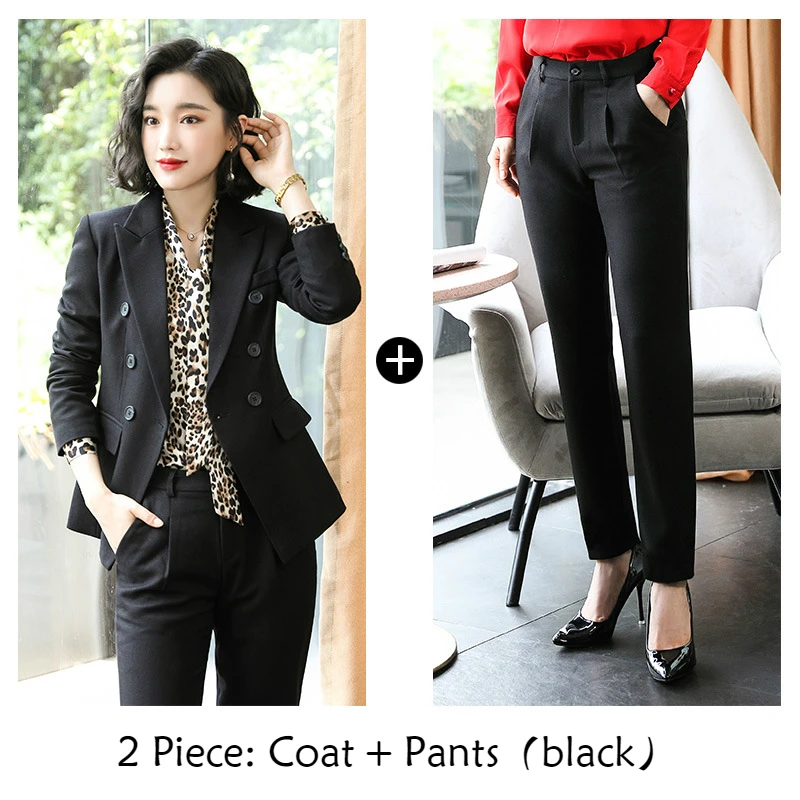 black 2 piece Женский костюм, красный, на элегантных кнопках, с украшением, Тонкий Блейзер, офисные женские деловые повседневные штаны, костюмы - Color: black 2 piece