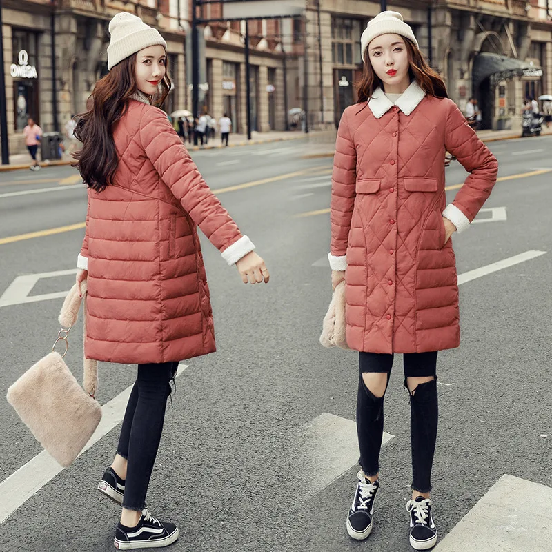 

2019 Winter New Style Korean-style Fold-down Collar Fashion Slim down Jacket Cotton-padded Clothes Lambs Wool Joint Mid-length C