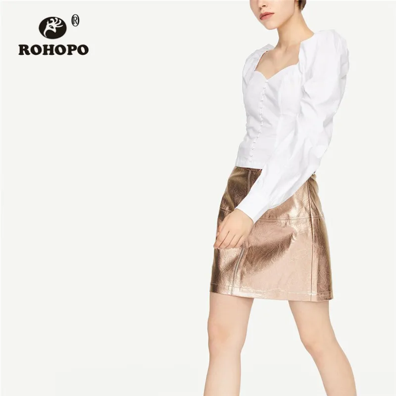 

ROHOPO Puff Long Sleeve Square Collar Back Smocking Crop Blouse Front Buttons Flared Hem Cotton Solid Top Shirt #9285