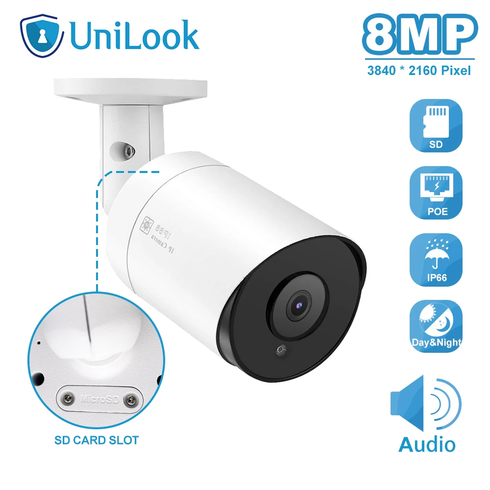 UniLook 8MP 4K Bullet POE IP Camera With SD Card Slot Outdoor Security Camera IP66 Hikvision Compatible Night Vision H.265 ONVIF