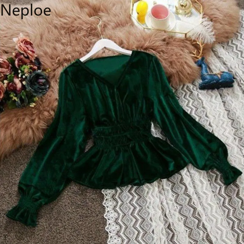 Neploe/шикарная короткая блузка с v-образным вырезом и оборками, Женская однотонная блуза с длинными рукавами и плиссировкой, осенняя яркая шелковая рубашка, топ 46937