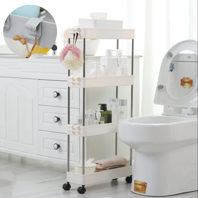 

Kitchen Storage Rack Fridge Side Vertical Shelf 4 Layers Removable With Wheels Bathroom Organizer Shelf Ga p Holder w/ 6 hooks