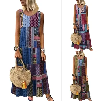 

Nice Pop Women Bohemian Splicing Round Neck Sleeveless Printed Loose Maxi Dresses Summer Beach Long Dress Pop 88